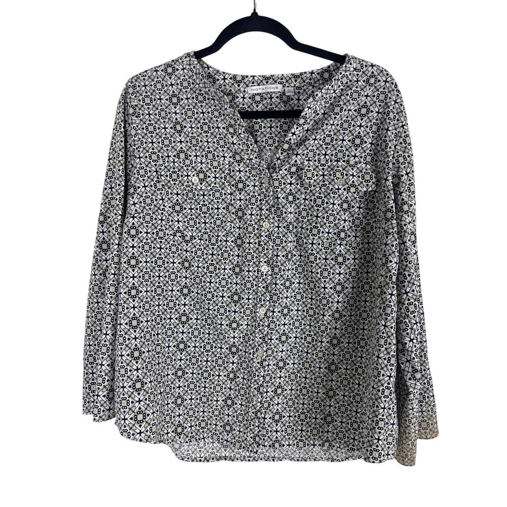 Notations Womens Large Geometric Print Button Front Blouse Black Beige Stretc